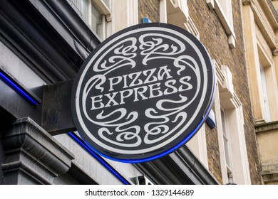 LONDON- MARCH, 2019: Pizza Express Store Exterior Signage. A Large British Based Pizza Restaurant Group 