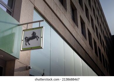 London, March, 2021, UK - Looking Up At A Logo Of The LLoyds Bank, Nice Clear Image Showing Off The High Street Branding, Good Depth Of Field And Context.