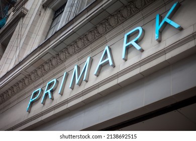 London, March, 2021, UK - Looking Up At A Big Primark Logo, Nice Clear Image Showing Of The High Street Branding, Good Depth Of Field And Context.