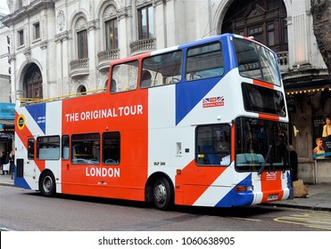 LONDON Ã  MARCH 31, 2018. A double deck open top city touring bus in Charing Cross Road, London, UK.