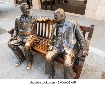 LONDON - MAY 17, 2018: Life-size Bronze Statues Of Churchill And Roosevelt Sitting On Bench In New Bond Street, Mayfair