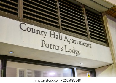 LONDON - May 17, 2022: County Hall Apartments Porters Lodge Sign Above A Door