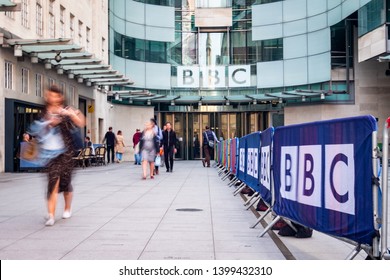 LONDON- MAY, 2019: British Broadcasting Corporation (BBC) headquarters building on Portland Place