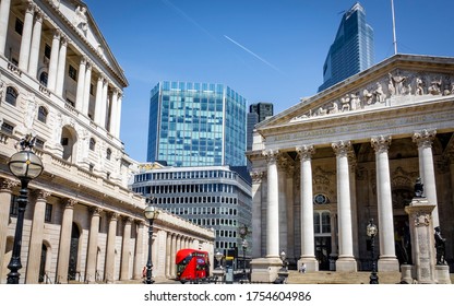 LONDON- MAY, 2020:  Bank of England and the Royal Exchange in the City of London.  - Shutterstock ID 1754604986