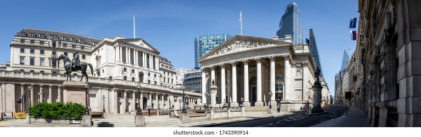 LONDON- MAY, 2020:  Panoramic view of the Bank of England and the Royal Exchange in the City of London. 