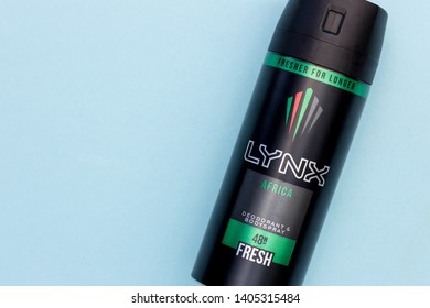 LONDON - MAY 21, 2019: Lynx Africa Body Spray Deodorant Can