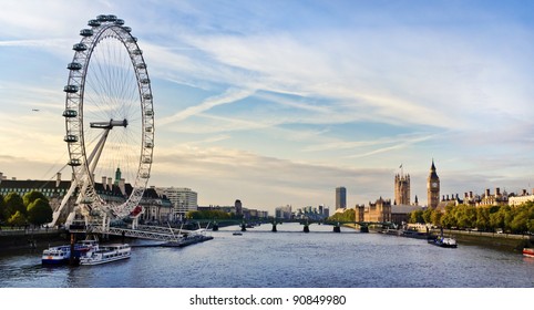 London morning. London eye, County Hall, Westminster Bridge, Big Ben and Houses of Parliament. - Shutterstock ID 90849980