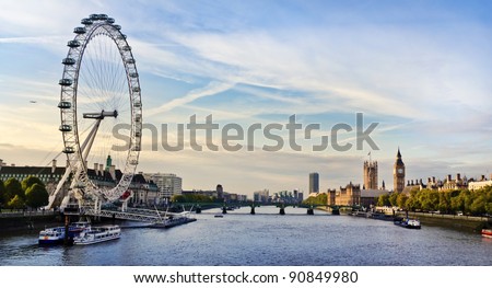 London morning. London eye, County Hall, Westminster Bridge, Big Ben and Houses of Parliament.