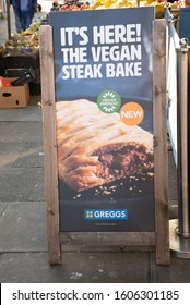 London, Newham - January 4, 2020:  A Sign Outside A Greggs, New Vegan Stake Bake. 