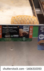 London, Newham - January 4, 2020: Inside Greggs Store, Vegan Stake Bake.