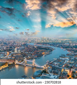 London At Night. Aerial View Of Tower Bridge Area And City Lights.