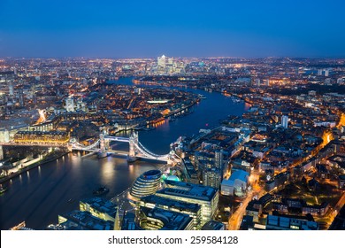 London At Night ,aerial View With Tower Bridge, UK