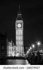 London at Night in Black in Whait Color- London City Street, Big Ben Tower