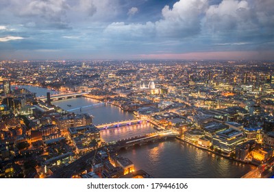 London Night Skyline Aerial View With St Paul Cathedral.