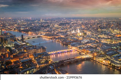 London Night Skyline Aerial View With St Paul Cathedral.