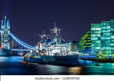 London At Night, Tower Bridge and OLd HMS Belfast Ship at Night, London, UK