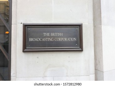 LONDON - Nov 23, 2019: The old original BBC, British Broadcasting Corporation sign outside the original BBC broadcasting house in London