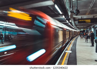 LONDON - NOVEMBER 14, 2018: Train Arriving At Platform At Westminster Underground Tube Station In London