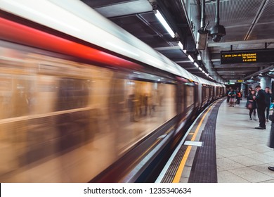 LONDON - NOVEMBER 14, 2018: Train Arriving At Platform At Westminster Underground Tube Station In London