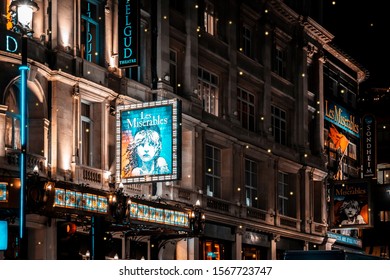 LONDON - NOVEMBER 16, 2019: Theatre At Night With Lights On Shaftesbury Avenue, West End London By Night With Lights