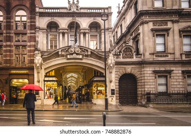 LONDON- NOVEMBER, 2017: Burlington Arcade in Mayfair, a Victorian gallery of high end fashion and luxury shops- exterior view of the Piccadilly entrance. 