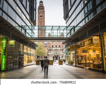 LONDON, NOVEMBER, 2017: Cardinal Place Shopping Centre With Offices Above And Westminster Cathedral In The Background