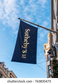 London, November 2017. A Front View Of The Flag Above Sothebys Auctioneers On New Bond Street, In Mayfair.