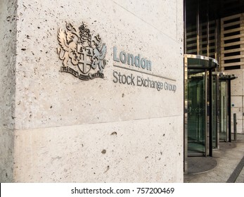 London, November 2017. A Sign At The Entrance To The London Stock Exchange Building In St Pauls.