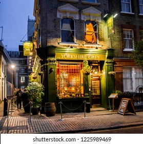 LONDON- NOVEMBER, 2018: A Cosy Victorian London Pub After Dark In The West End