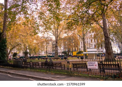 LONDON- NOVEMBER, 2019: Berkeley Square with autumn colours, a large town square in Mayfair in the west end of London