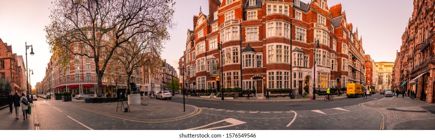 LONDON- NOVEMBER, 2019: Panoramic view of Carlos Place & Mount Street in Mayfair, a beautiful Georgian street and luxury shopping destination