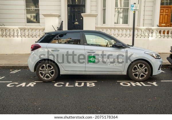 London- November, 2021:\
Enterprise Car Club car parked in designated parking bay on London\
street