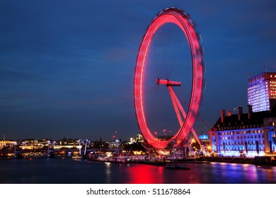 LONDON - NOVEMBER 3, 2016: Night Shot Of The London Eye In London. The London Eye Is A Giant Ferris Wheel Situated On The Banks Of The River Thames. The Entire Structure Is 135 M Tall.