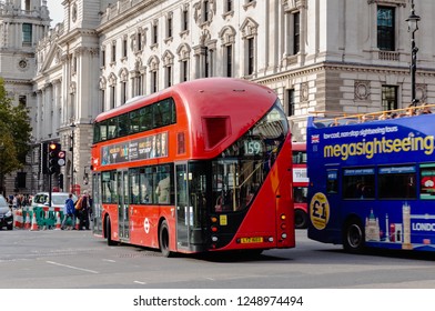 London, Oct 24, 2018 - New Routemaster Bus On Busy London Street.