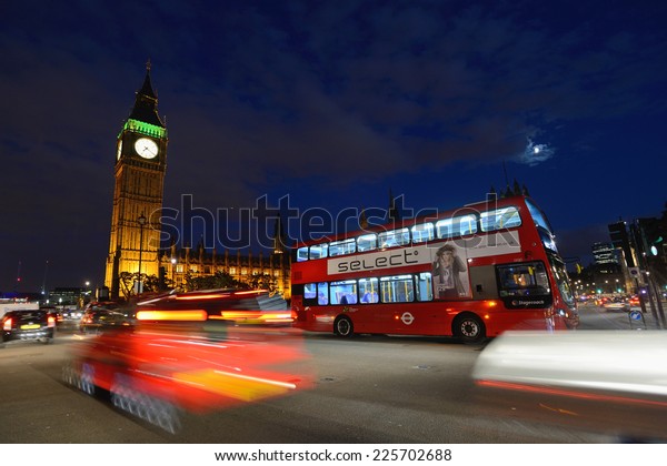 LONDON - OCTOBER 02: Night traffic on the\
streets of London on October 02, 2014 in London, UK. London is one\
of the world\'s leading tourism\
destinations