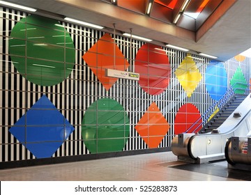 LONDON - OCTOBER 15, 2016. Wall graphics at the Charing Cross Road exit number four of the redeveloped Tottenham Court Road underground station located in central London.