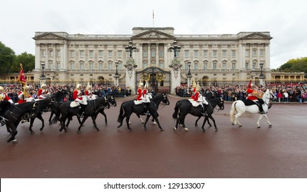 LONDON - OCTOBER 18: Marching the Queen's Guards during traditional Changing of the Guards ceremony at Buckingham Palace on October 18, 2012 in London, United Kingdom.