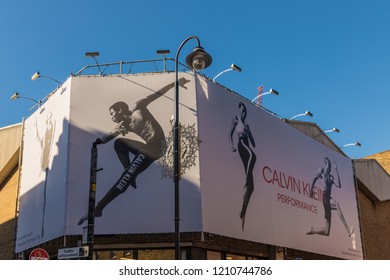 London October 2018. A View Of A Large Roadside Advert For Calvin Klein In Shoreditch In London