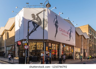 London October 2018. A View Of A Large Roadside Advert For Calvin Klein In Shoreditch In London