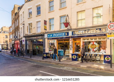 London. October 2018. A View Of Poppies Fish And Chip Shop On Hanbury Street In London