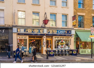 London. October 2018. A View Of Poppies Fish And Chip Shop On Hanbury Street In London