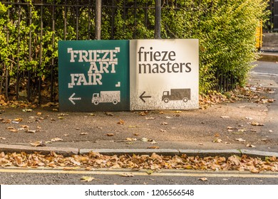 London October 2018. A View Of A Sign For The Frieze Art Fair In London