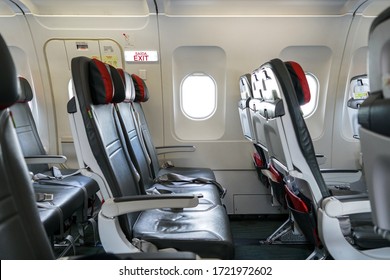 London, October 2019 - Interior Of A Portuguese TAP Airline Airbus A319 Plane. Empty Aircraft Seats After Arrival.