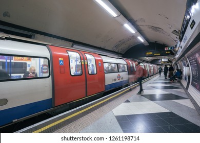 LONDON - OCTOBER 3, 2018: Train Arriving At Platform On London Underground Tube Station