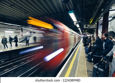 LONDON - OCTOBER 31, 2018: Train Arriving At Platform On London Underground Tube Station