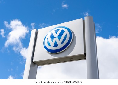 London, On, Canada - August 30, 2020: A Volkswagen company logo with blue sky in background at a dealership.  Volkswagen, shortened to VW, is a German automaker. 