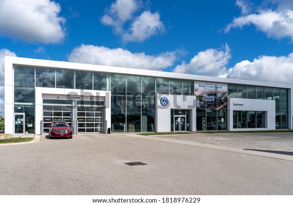 London, Ontario, Canada - August 30, 2020: A\
Volkswagen dealership in London, Ontario, Canada. Volkswagen is a\
car company from Germany.\
\
