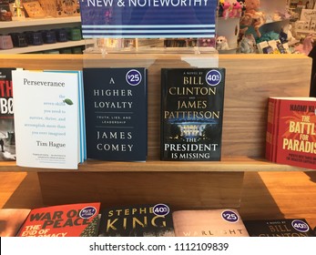 London Ontario Canada, June 13 2018: Editorial Photograph Of Bill Clinton’s New Book Next To James Comey Book At A Store. Both Authors Criticized Donald Trump.