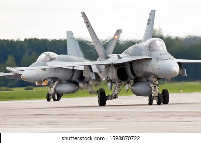 London, Ontario / Canada - September 06 2018:  A pair of Royal Canadian Air Force CF-18s arrive at London International Airport to participate in Airshow London. 