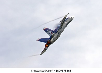 London, Ontario / Canada - September 07 2018:  Canadian Forces McDonnell Douglas CF-18 Hornet Demonstration team jet as it powers up and away from the spectators at Airshow London.